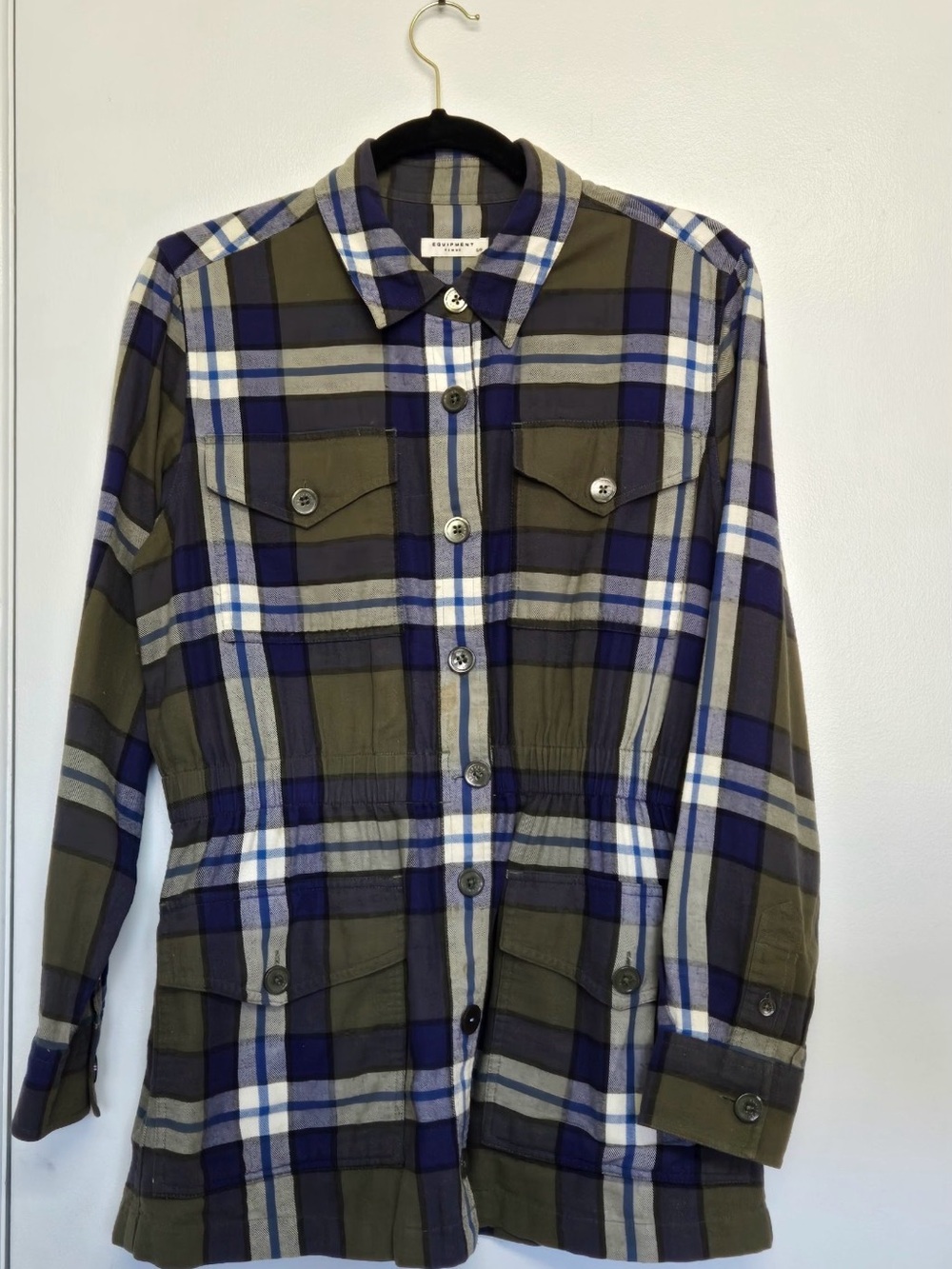Equipment Monroe Plaid Button-Front Jacket in Olive, Navy & White
